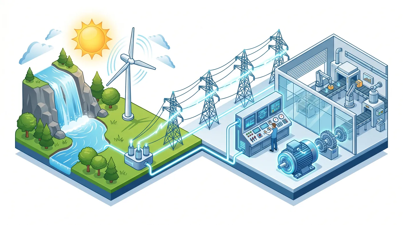 Visualización de la transformación de energía primaria en electricidad industrial
