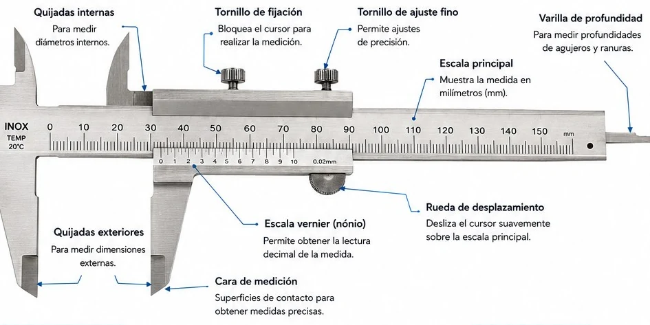 Partes principales del calibrador vernier: quijadas, tornillos, escalas y varilla de profundidad