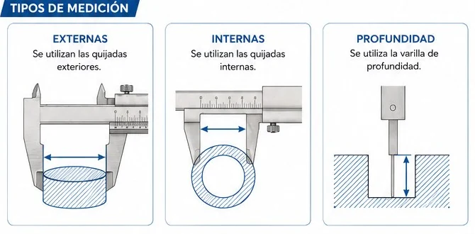 Medición externa, interna y de profundidad con calibrador vernier
