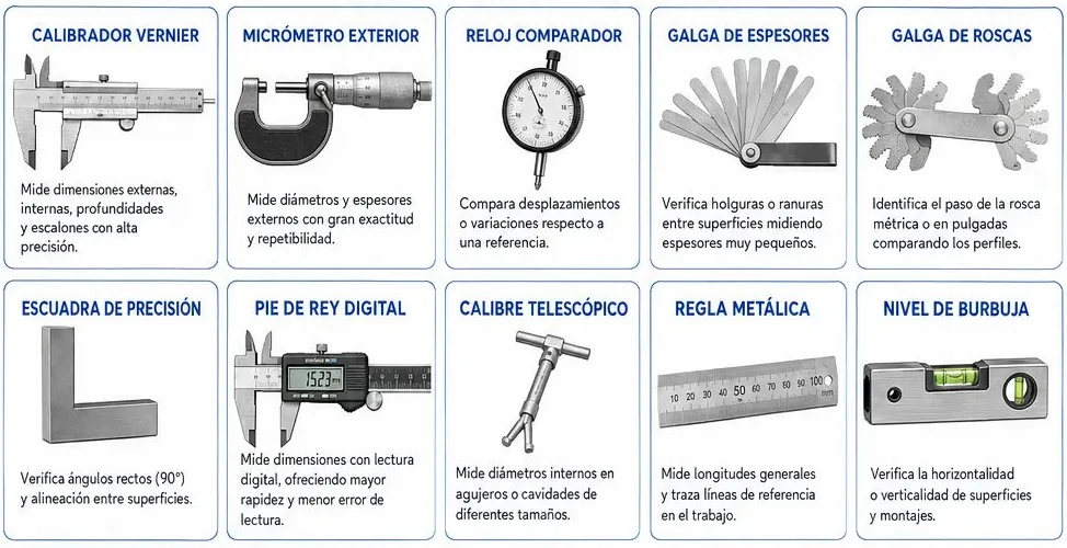 Diez instrumentos de medición mecánica: vernier, micrómetro, reloj comparador, galgas, escuadra, pie de rey digital, calibre telescópico, regla y nivel
