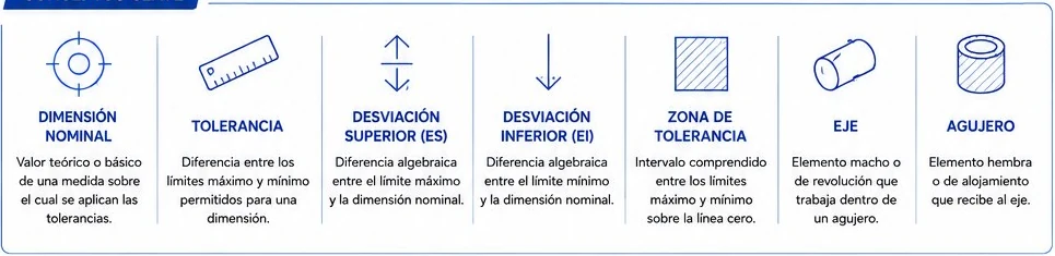Conceptos clave de tolerancias: dimensión nominal, tolerancia, desviaciones, zona de tolerancia, eje y agujero