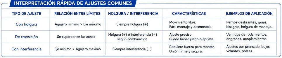 Tabla de interpretación de ajustes: con holgura, de transición y con interferencia