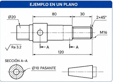 Ejemplo de un eje en un plano con cotas, rugosidad, rosca M16 y chaflán