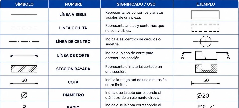 Símbolos del dibujo técnico: línea visible, oculta, de centro, de corte, sección rayada, cota, diámetro, radio y ángulo