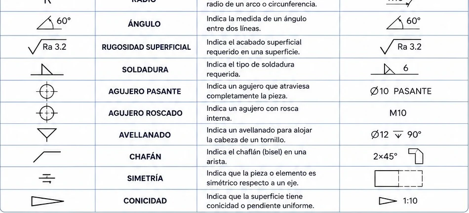 Símbolos de rugosidad, soldadura, agujeros, avellanado, chaflán, simetría y conicidad