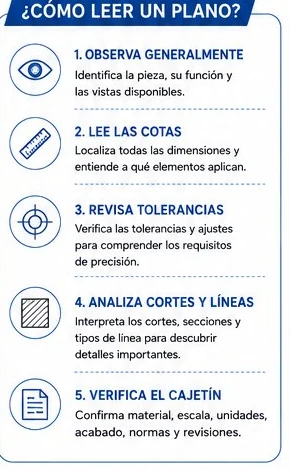 Cinco pasos para leer un plano: observar, leer cotas, revisar tolerancias, analizar cortes y verificar el cajetín