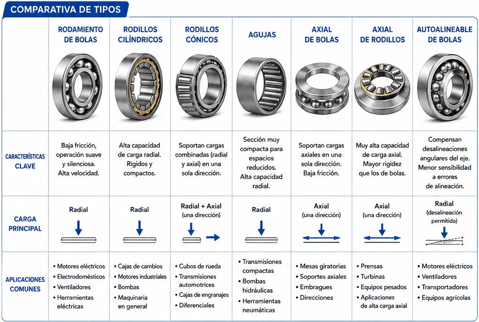 Comparativa de siete tipos de rodamientos: bolas, rodillos cilíndricos, cónicos, agujas, axial de bolas, axial de rodillos y autoalineable