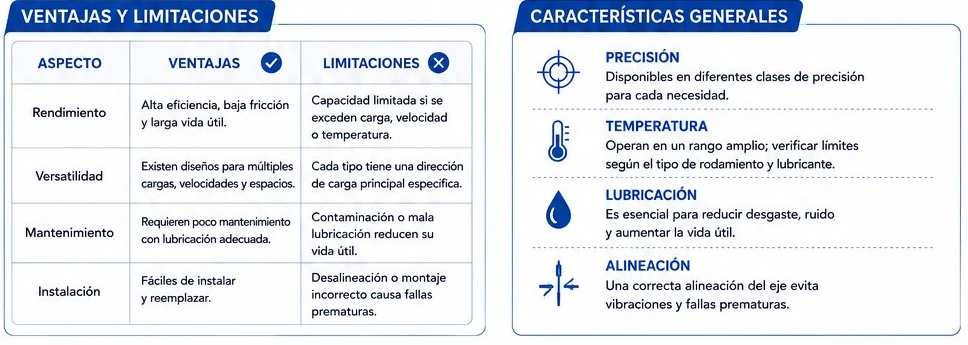 Ventajas y limitaciones de los rodamientos y sus características generales