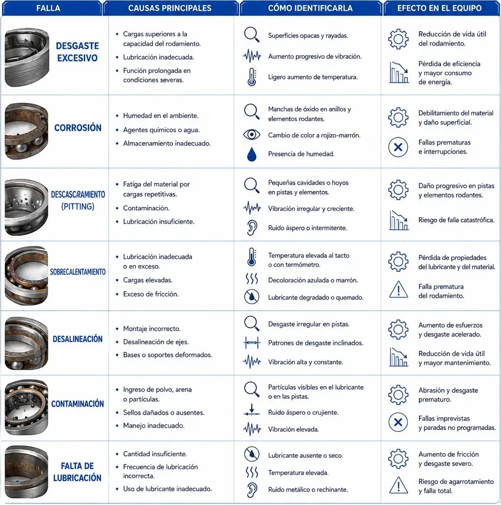 Tabla de fallas comunes en rodamientos: desgaste, corrosión, descascaramiento, sobrecalentamiento, desalineación, contaminación y falta de lubricación