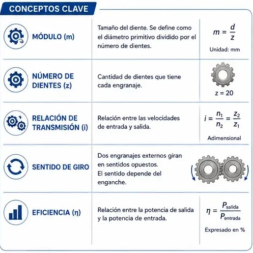 Conceptos clave de engranajes: módulo, número de dientes, relación de transmisión, sentido de giro y eficiencia