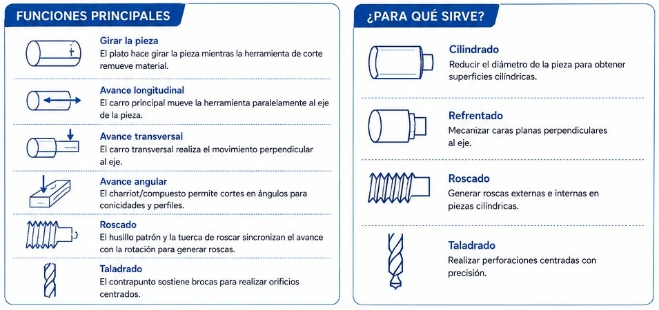 Funciones principales del torno (girar la pieza, avance longitudinal, transversal, angular, roscado y taladrado) y para qué sirve (cilindrado, refrentado, roscado y taladrado)