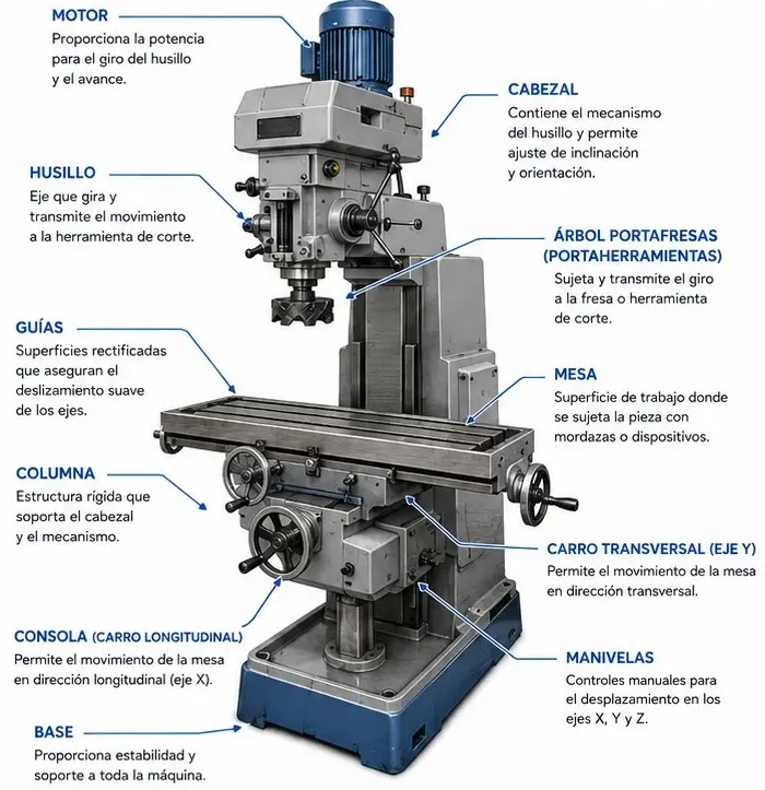 Fresadora con sus partes rotuladas: motor, cabezal, husillo, árbol portafresas, guías, columna, consola, base, mesa, carro transversal y manivelas