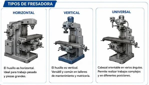 Tipos de fresadora: horizontal, vertical y universal