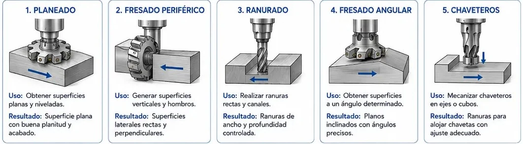 Operaciones de fresado: planeado, fresado periférico, ranurado, fresado angular y chaveteros