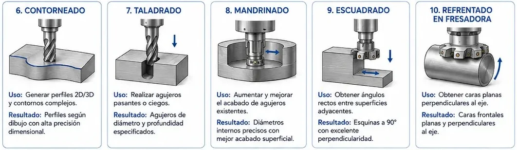 Operaciones de fresado: contorneado, taladrado, mandrinado, escuadrado y refrentado en fresadora
