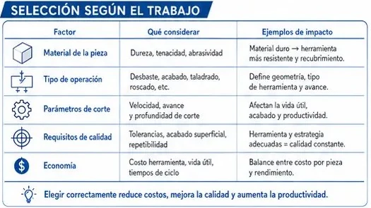 Tabla de selección: material de la pieza, tipo de operación, parámetros de corte, requisitos de calidad y economía