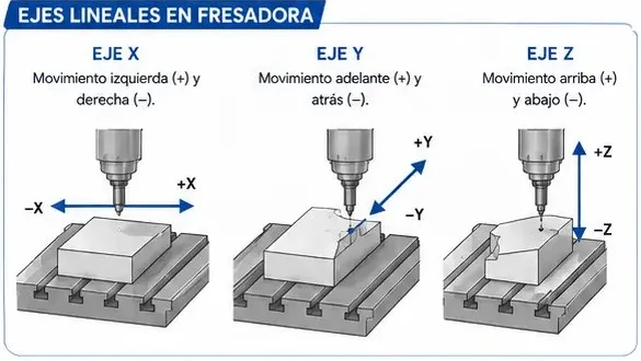 Ejes lineales X, Y y Z de una fresadora CNC con sus direcciones positivas y negativas