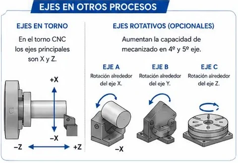 Ejes en torno CNC (X y Z) y ejes rotativos opcionales A, B y C