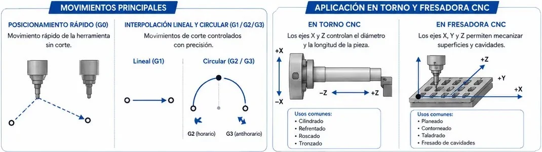 Posicionamiento rápido G0, interpolación lineal G1 y circular G2/G3, y su aplicación en torno y fresadora CNC
