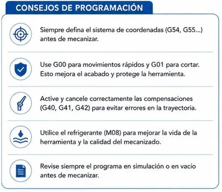 Cinco consejos de programación CNC: definir el sistema de coordenadas, G00 y G01, compensaciones, refrigerante y simulación