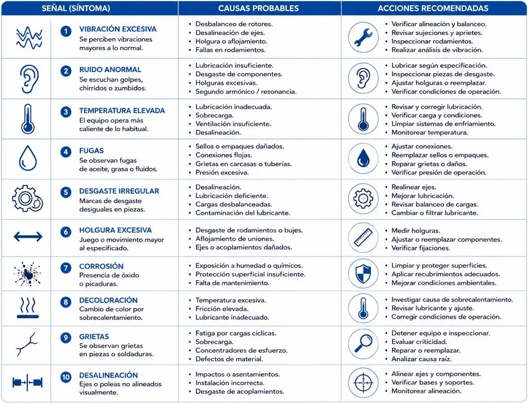 Tabla de diagnóstico visual con diez síntomas: vibración excesiva, ruido anormal, temperatura elevada, fugas, desgaste irregular, holgura excesiva, corrosión, decoloración, grietas y desalineación, con causas probables y acciones