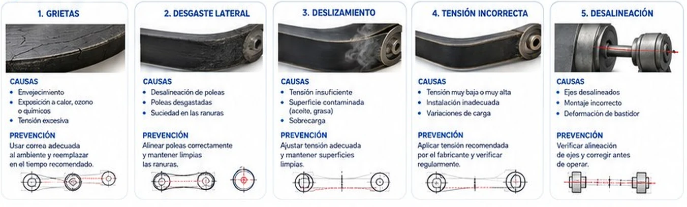 Cinco fallas comunes de correas con sus causas y prevención: grietas, desgaste lateral, deslizamiento, tensión incorrecta y desalineación