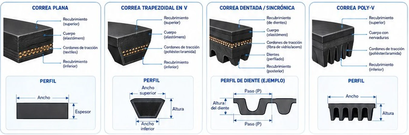 Capas y perfil de cada tipo de correa: recubrimiento, cuerpo elastomérico y cordones de tracción