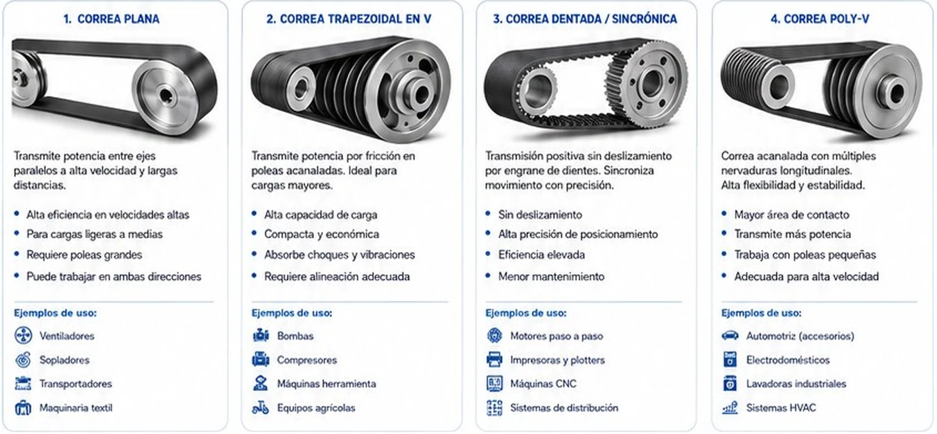 Cuatro tipos de correas industriales: plana, trapezoidal en V, dentada o sincrónica y Poly-V, con sus características y ejemplos de uso
