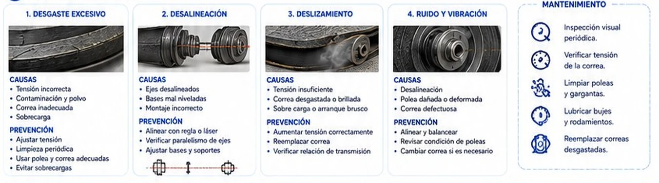 Fallas comunes en poleas: desgaste excesivo, desalineación, deslizamiento y ruido y vibración, y plan de mantenimiento