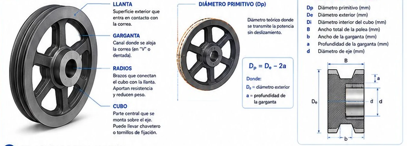 Partes de una polea: llanta, garganta, radios y cubo, y diámetro primitivo con su nomenclatura