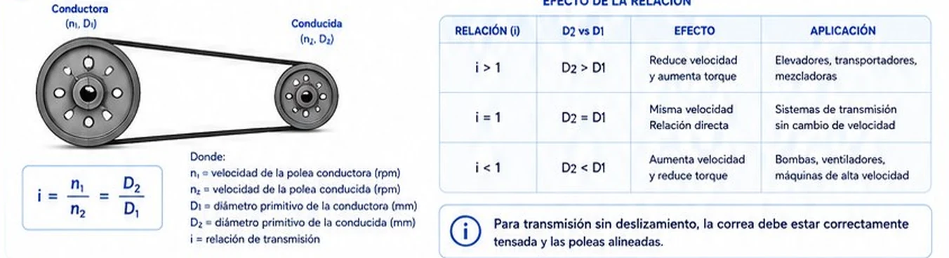 Relación de transmisión de poleas: fórmula i igual a n1 sobre n2 igual a D2 sobre D1 y tabla de efectos según el valor de i
