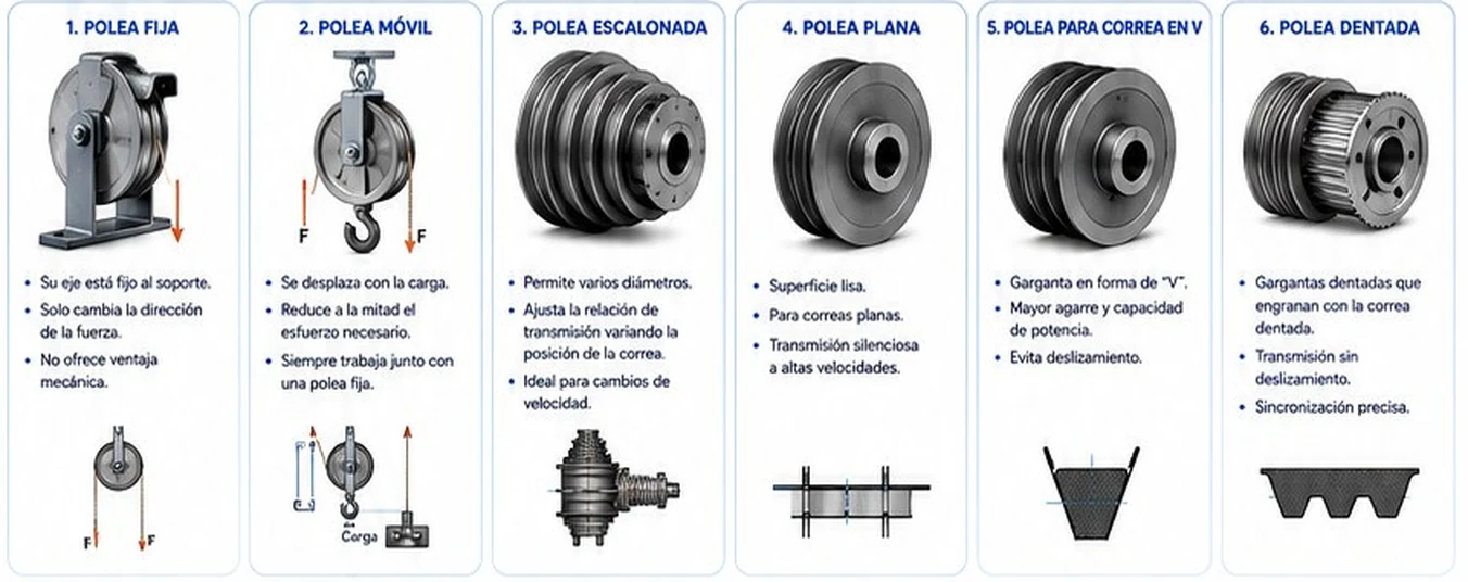 Seis tipos de poleas: fija, móvil, escalonada, plana, para correa en V y dentada