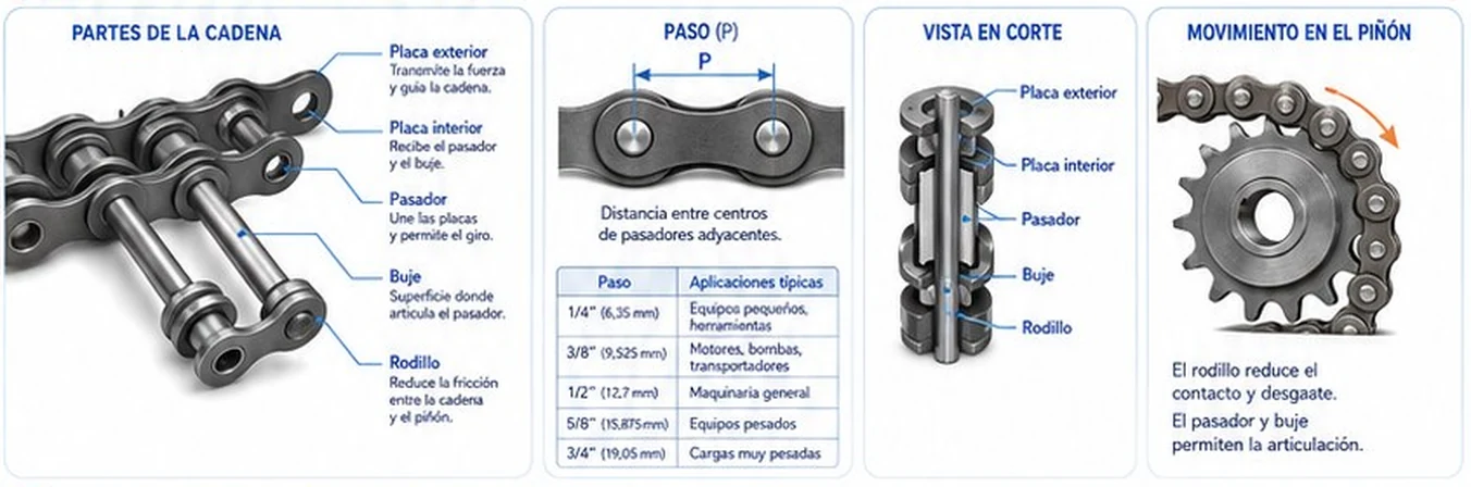 Partes de la cadena de rodillos: placa exterior, placa interior, pasador, buje y rodillo; paso y tabla de pasos típicos; movimiento en el piñón