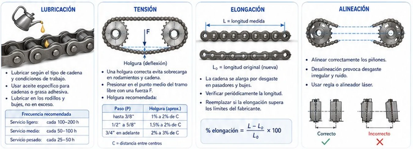 Lubricación, tensión, elongación y alineación de una cadena de transmisión