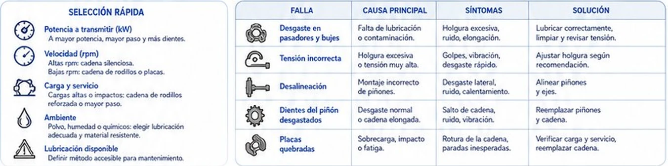 Criterios de selección de cadenas y tabla de fallas comunes con causa, síntomas y solución