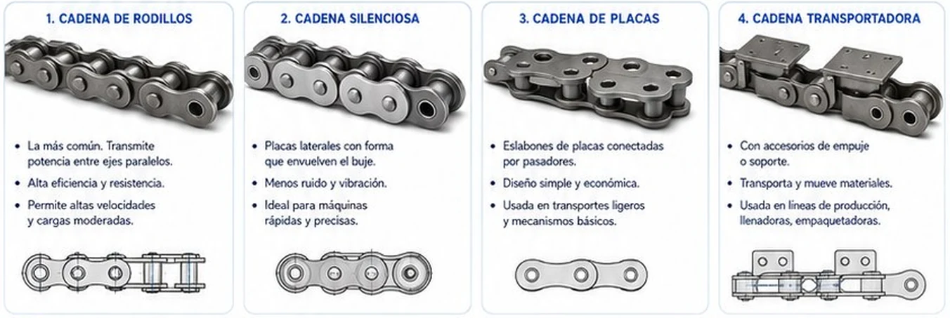 Cuatro tipos de cadenas: de rodillos, silenciosa, de placas y transportadora