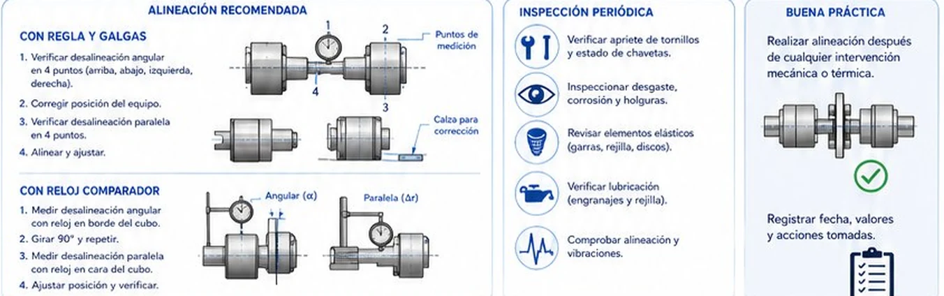 Alineación con regla y galgas, con reloj comparador, inspección periódica y buena práctica