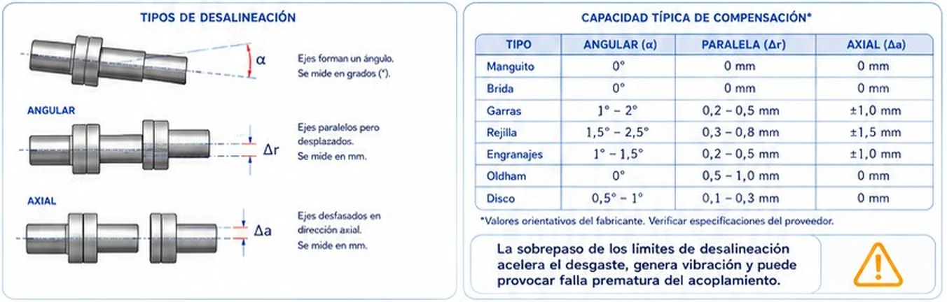 Tipos de desalineación angular, paralela y axial y tabla de capacidad típica de compensación de cada acoplamiento