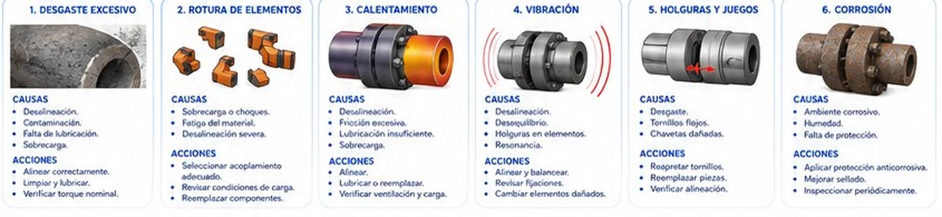 Seis fallas comunes en acoplamientos con sus causas y acciones: desgaste excesivo, rotura de elementos, calentamiento, vibración, holguras y corrosión