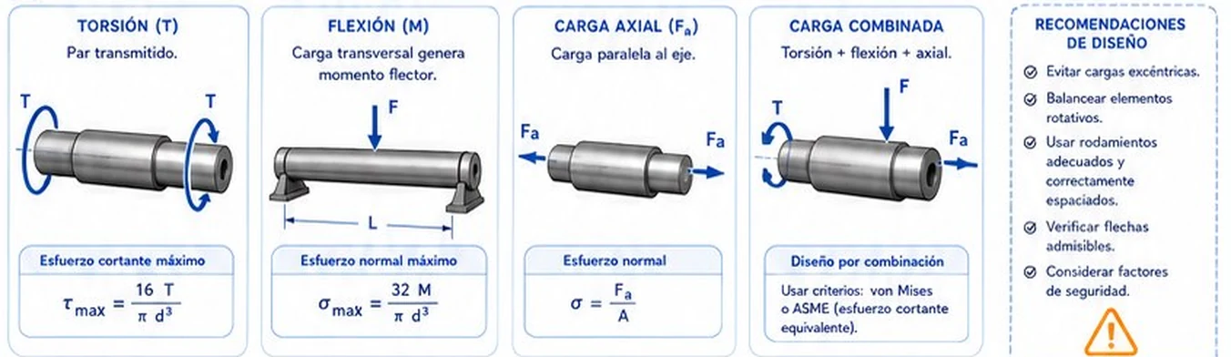 Cuatro tipos de cargas en ejes: torsión, flexión, carga axial y carga combinada, con sus fórmulas de esfuerzo