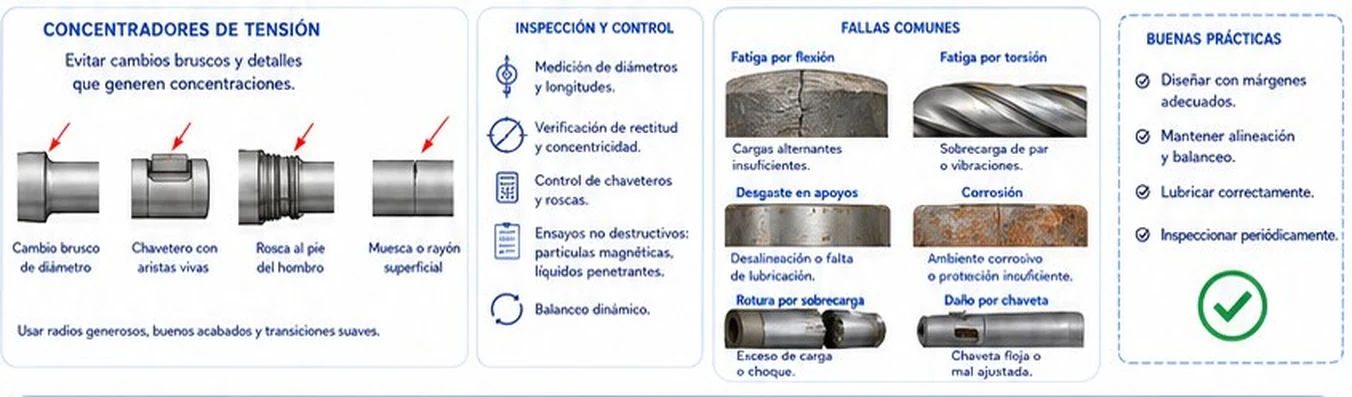 Concentradores de tensión (cambio brusco de diámetro, chaveta con aristas vivas, rosca al pie del hombro, muesca), inspección y fallas comunes de ejes