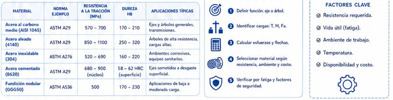 Tabla de materiales para ejes con norma, resistencia a la tracción, dureza y aplicaciones, y pasos de selección rápida