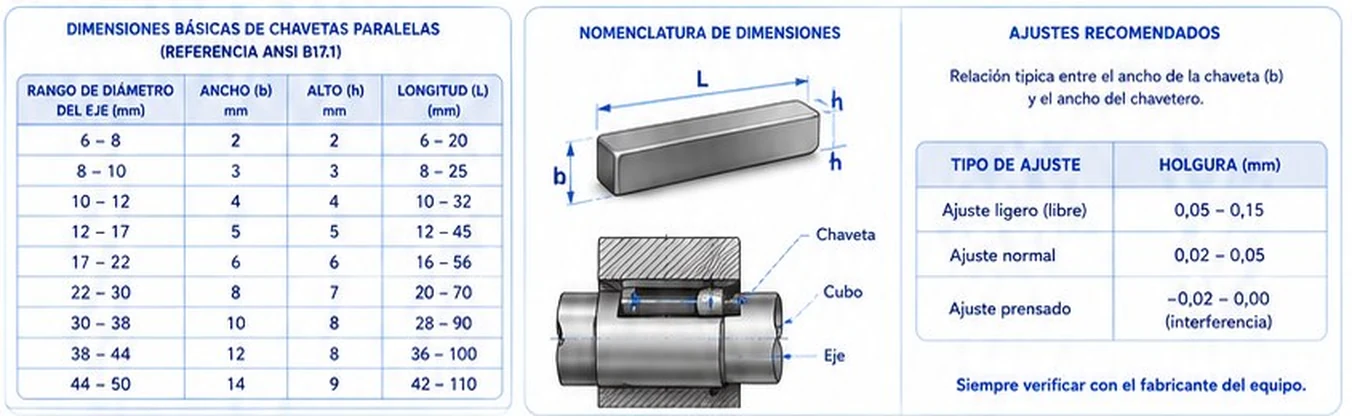 Tabla de dimensiones básicas de chavetas paralelas según el diámetro del eje, nomenclatura de dimensiones y ajustes recomendados