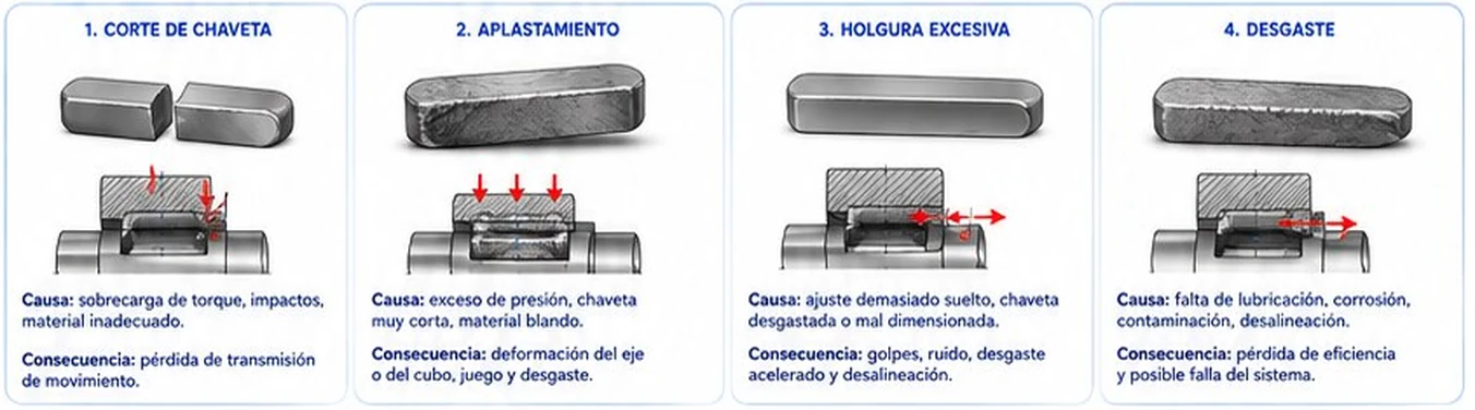 Cuatro fallas comunes de chavetas: corte, aplastamiento, holgura excesiva y desgaste, con sus causas y consecuencias