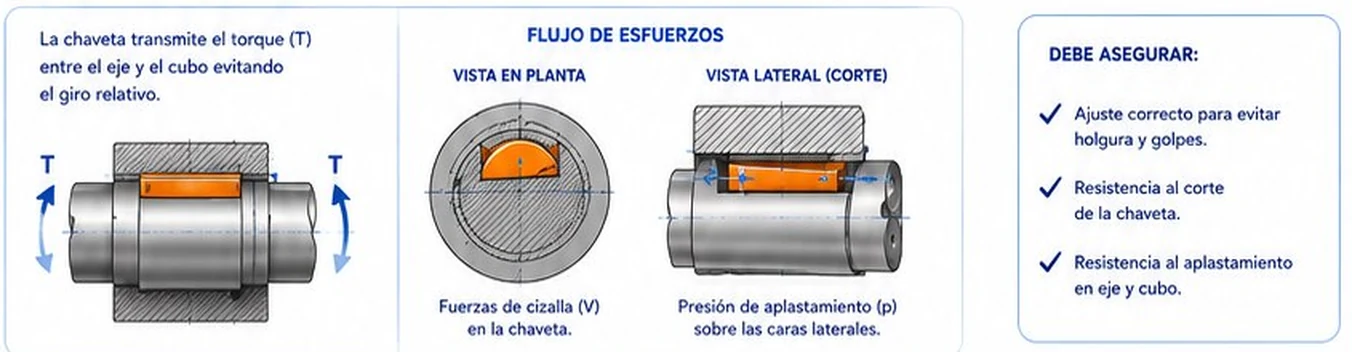 La chaveta transmite el torque entre eje y cubo, con flujo de esfuerzos de cizalla y aplastamiento