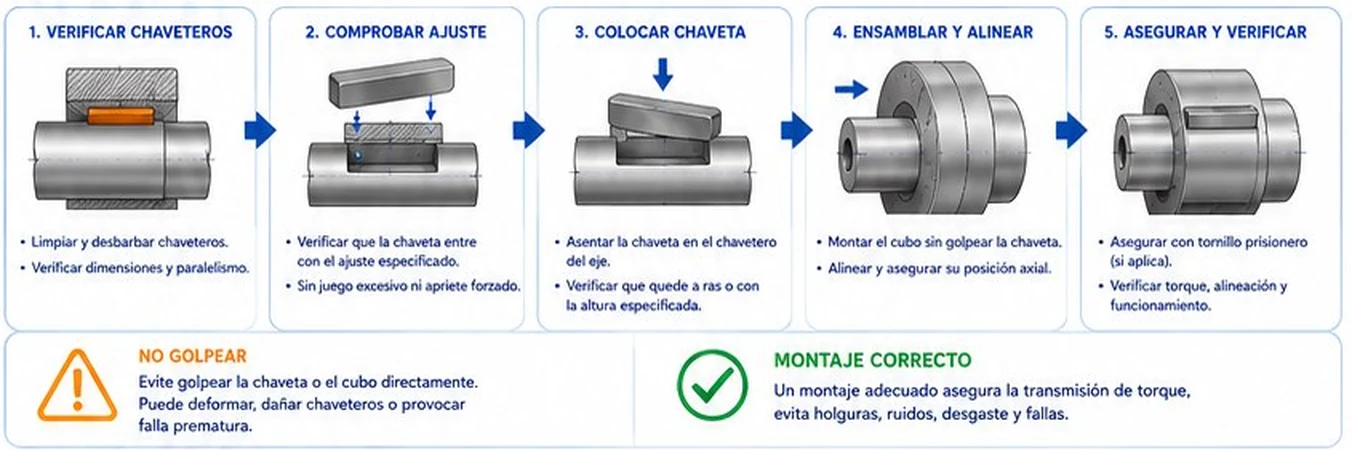Cinco pasos para montar una chaveta: verificar chaveteros, comprobar ajuste, colocar la chaveta, ensamblar y alinear, asegurar y verificar