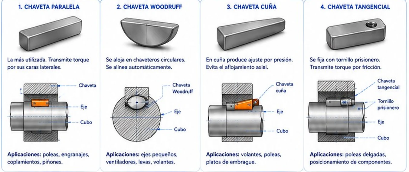 Cuatro tipos de chavetas: paralela, Woodruff, cuña y tangencial, con sus esquemas de montaje y aplicaciones