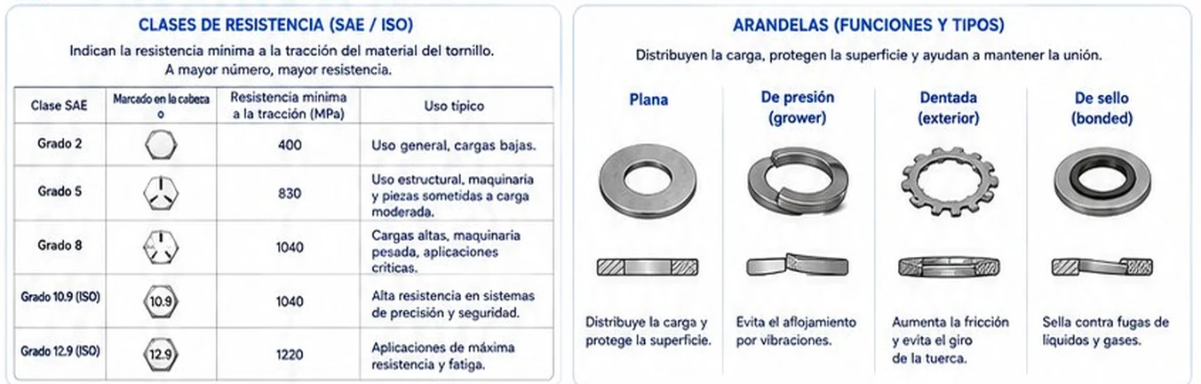 Clases de resistencia SAE e ISO con su resistencia mínima a la tracción y uso típico, y cuatro tipos de arandelas