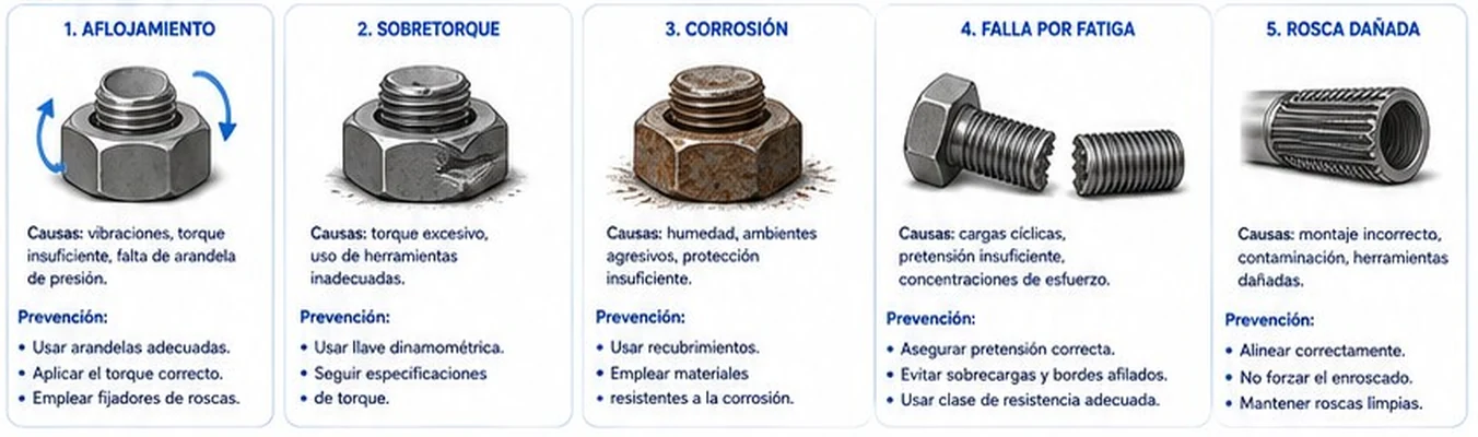 Cinco fallas comunes en tornillos: aflojamiento, sobretorque, corrosión, falla por fatiga y rosca dañada, con causas y prevención