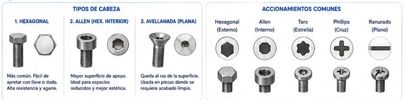 Tipos de cabeza (hexagonal, Allen y avellanada) y accionamientos comunes (hexagonal, Allen, Torx, Phillips y ranurado)